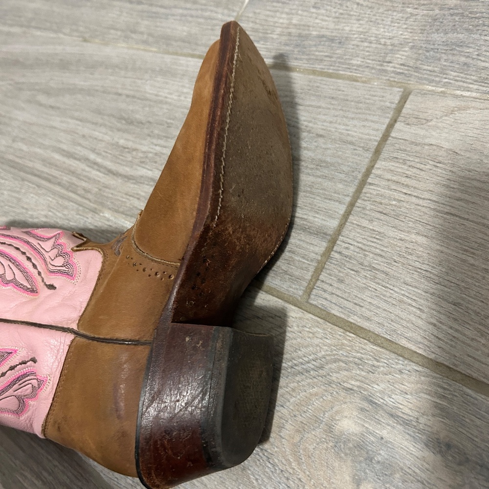 Women's Justin Pink/Tan Leather Square Toed Western Boots - 7 - Picture 6 of 12